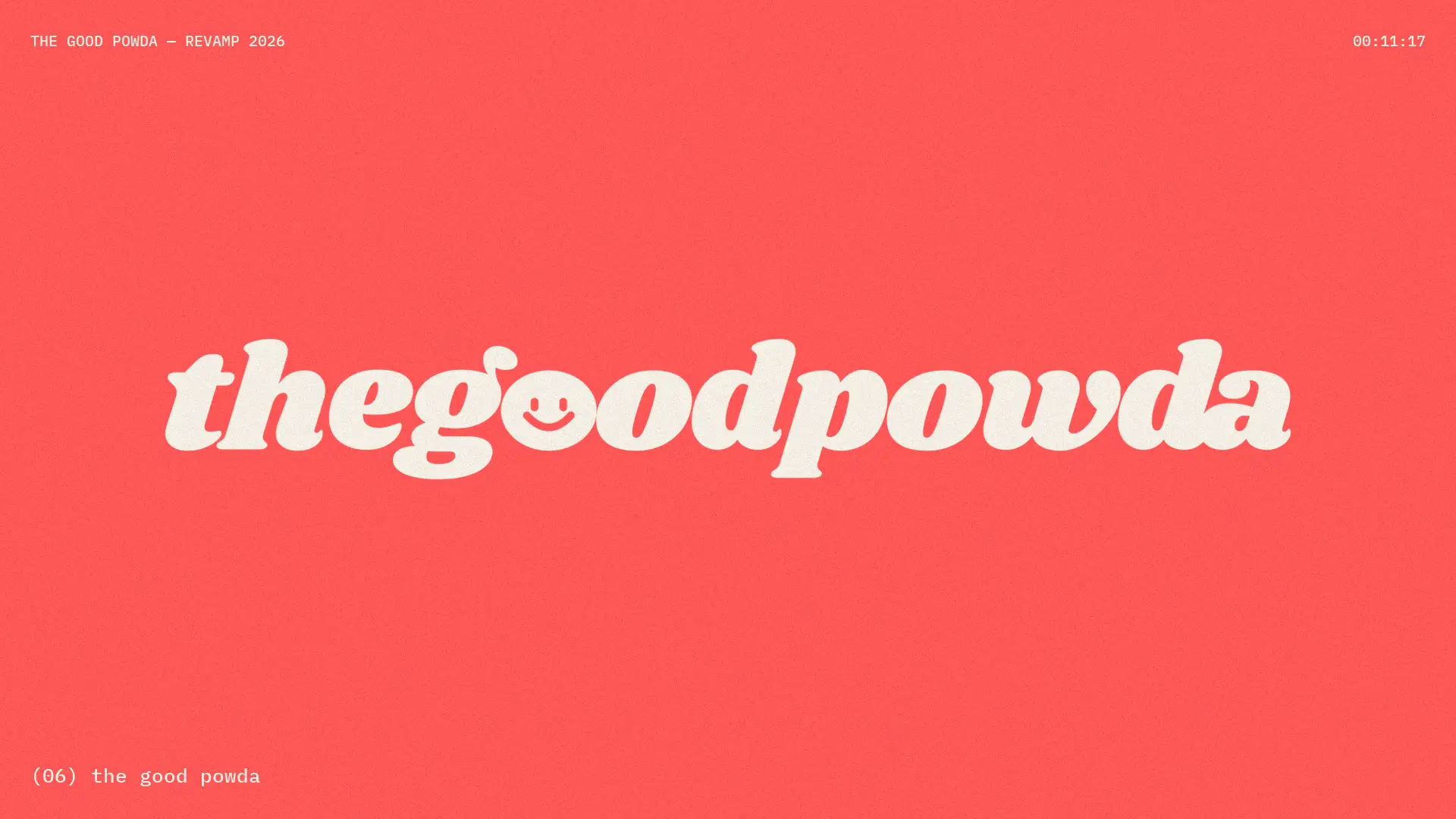 Timelapse de la identidad de The Good Powda: retícula, logotipo, color y aplicaciones